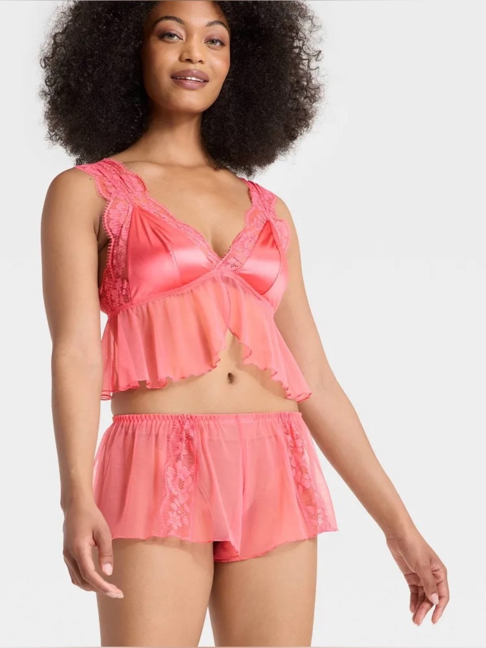 Auden Coral Pink Satin & Mesh Lace Trim Bralette Set